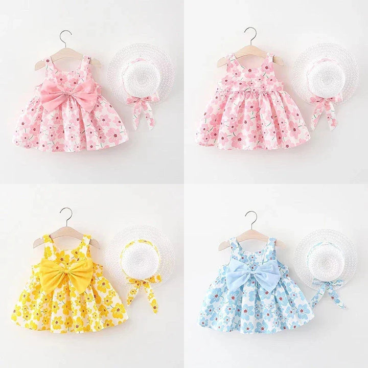 Soft baby girls dress - sleeveless, floral bow-embellished, cotton-polyester blend, for summer outings