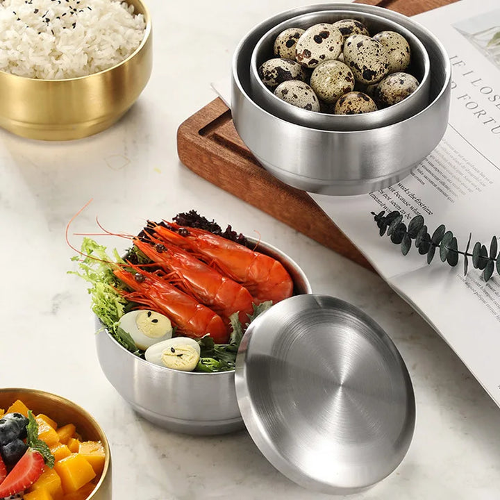 Stainless Steel Double Layer Rice Bowl With Lid Insulated