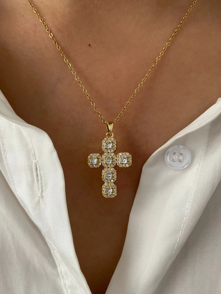 Cross Pendant Necklace Gold Tone - Cubic Zirconia Jewelry, Stainless Steel Chain, Fall 2026 Gift Idea