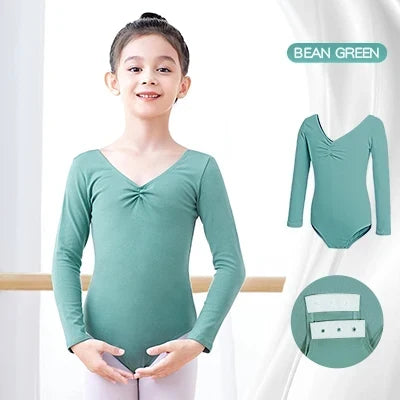 Soft Girls Ballet Leotard – Long Sleeve, Chest-Drawstring, Cotton, For Dance Class