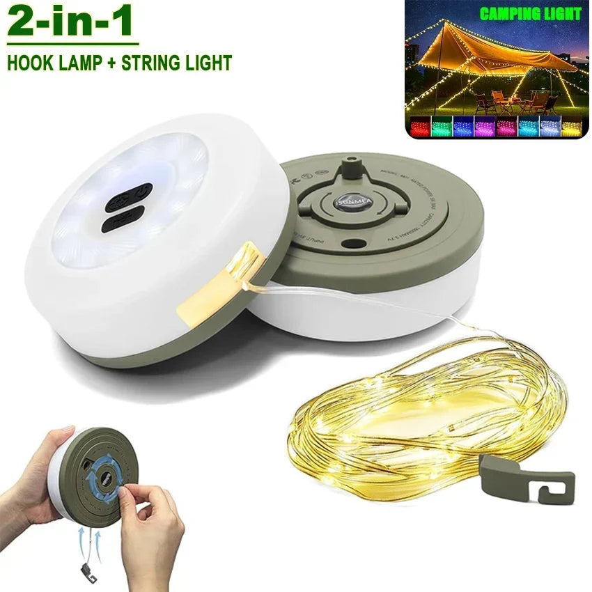2-in-1 LED Reel Camping String Light – USB Rechargeable Portable Atmosphere Lantern Garden Tent Decor 2026
