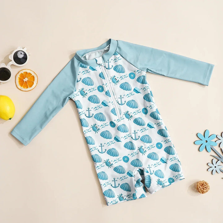 Soft Unisex Baby One-Piece Swimsuit - Zip-Front, Long-Sleeve, Print Pattern, Polyester, Summer Beachwear