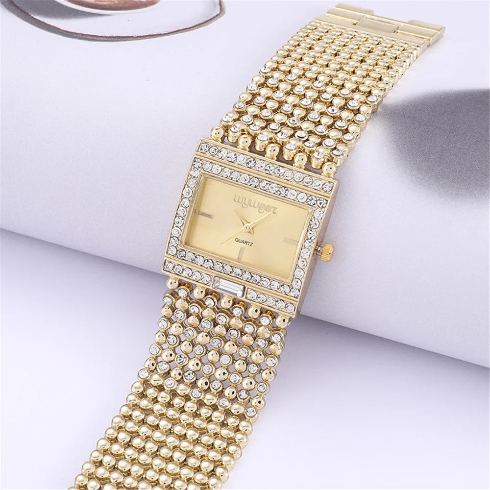 Gold Watch – Diamond Set Square Dial Ladies Quartz Wristwatch, Crystal Band, Fall 2026 Gift Idea