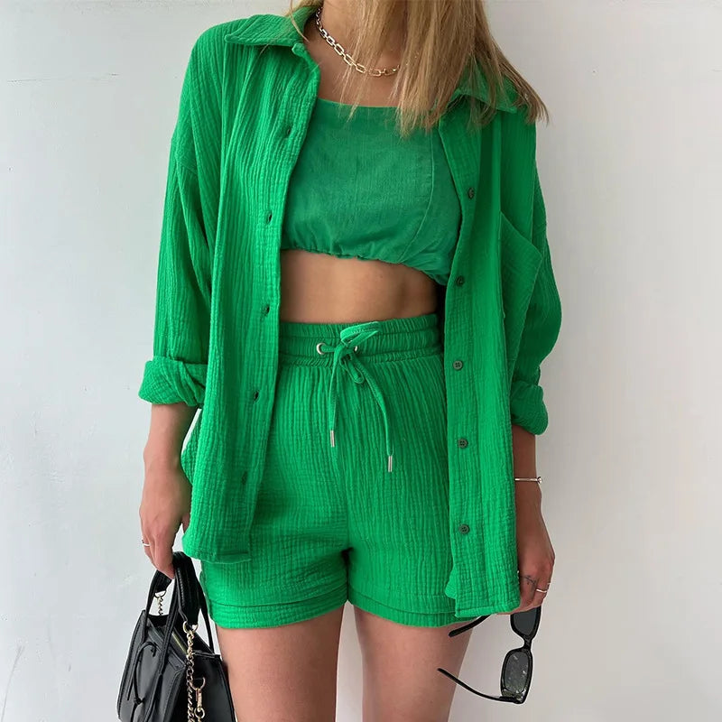 Women Two-Piece Set Orange Wrinkled Lapel Shirt &amp; High-Waisted Shorts Fashion Suit