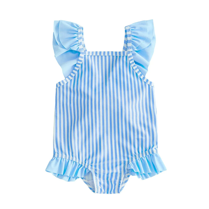 Breathable Baby Girls Swim Romper - Striped Print, Flutter Sleeves, Polyester-Elastane Blend, For Pool and Beach