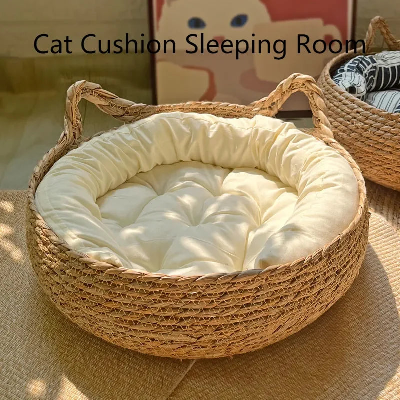 Handmade Vine Woven Cat Nest - Detachable Washable Winter Warmth Pad for Pet Supplies