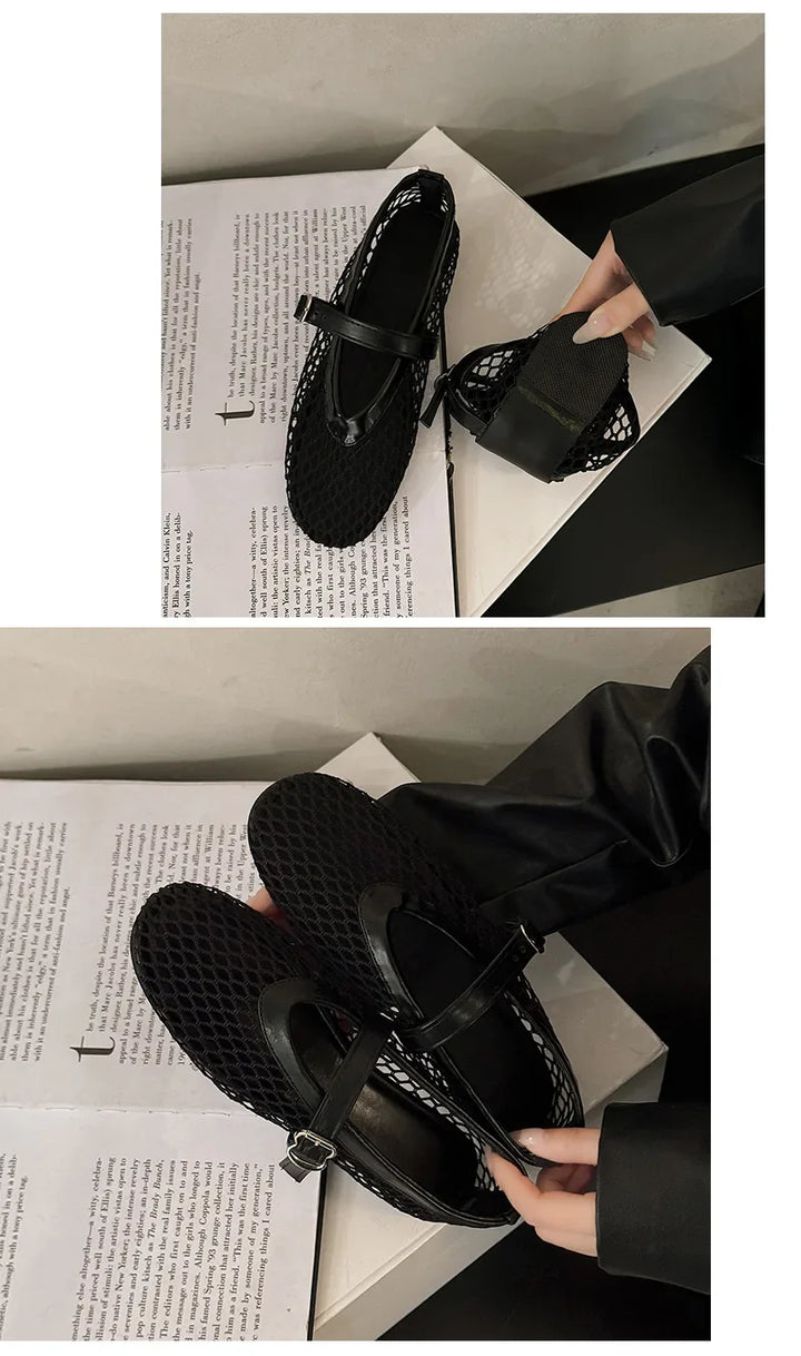 Breathable Women Mesh Ballet Flats - Strappy Round Toe