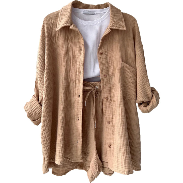 Women Two-Piece Set Orange Wrinkled Lapel Shirt &amp; High-Waisted Shorts Fashion Suit