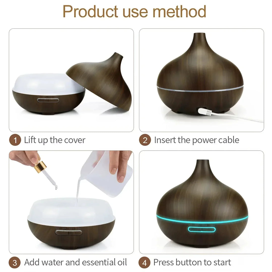 Air Humidifier Aromatherapy Essential Oil Diffuser 500ml Wood Grain Remote Control with 7 colour Lights for Home