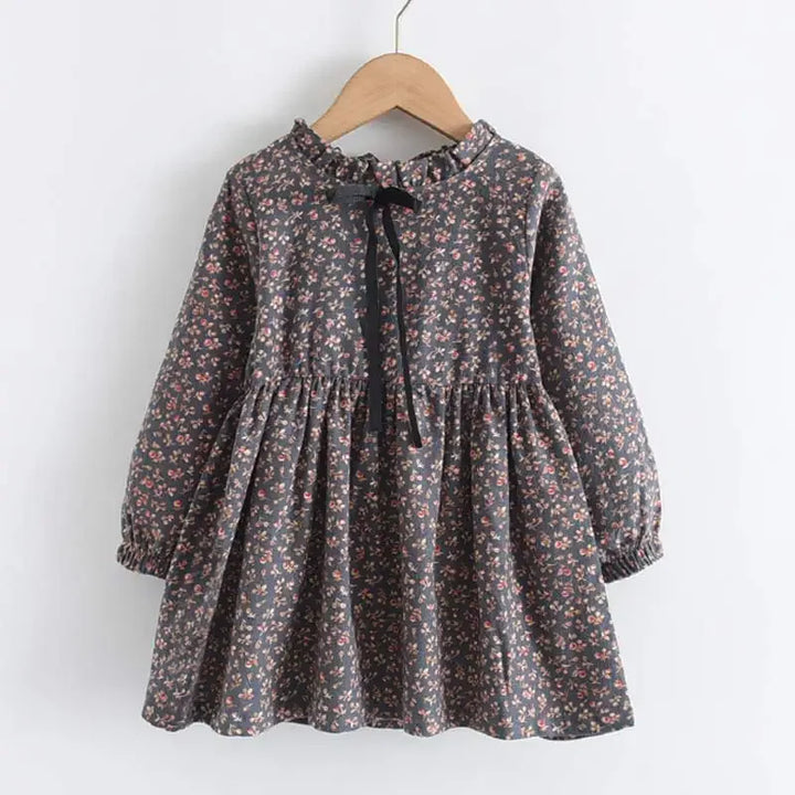 Soft Girls Dress - Long-Sleeve Knee-Length Floral Print, Cotton, For Casual Wear