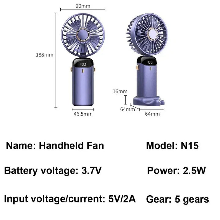 Handheld Mini Fan 3000mAh Portable USB Rechargeable Desk Fan 5 Speed Neck Hanging Outdoor Display Screen