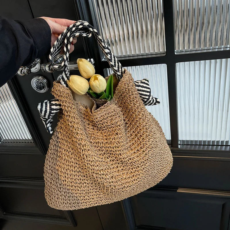 Straw Beach Bag - Large Capacity Woven Tote With Knot Shoulder Straps, Summer 2026
