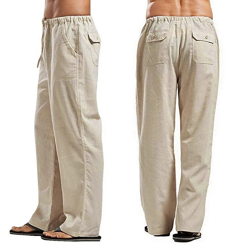 Solid Color Multi-Pocket Linen Men Pants - Casual Breathable Summer Trouser, Large Size