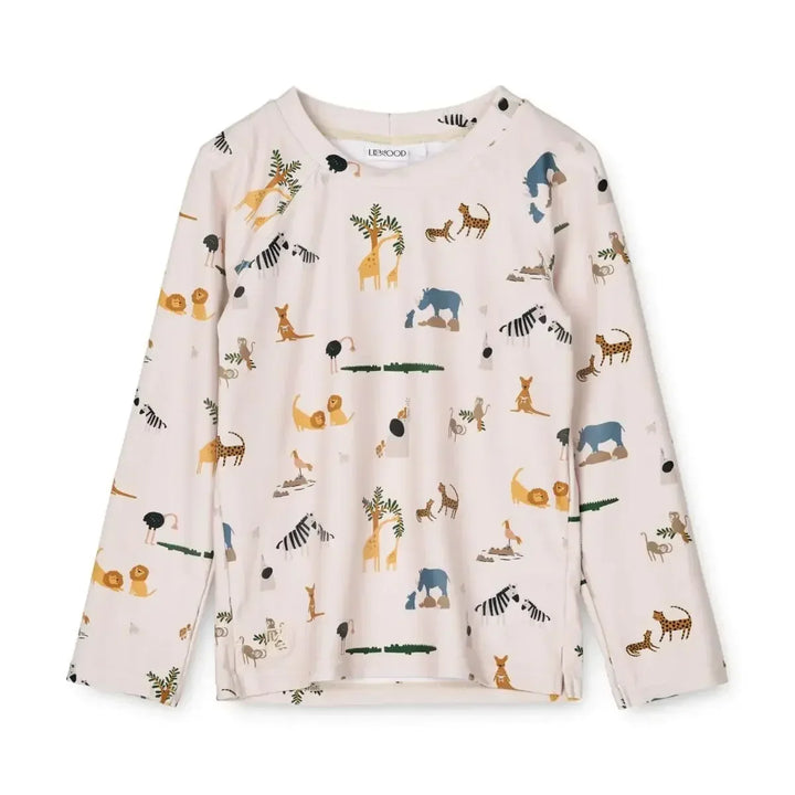 Quick-dry Kids’ Swimwear Set – Rash Guard &amp; Hat, Nylon, Cartoon Seagull Star Print, Beach Holidays