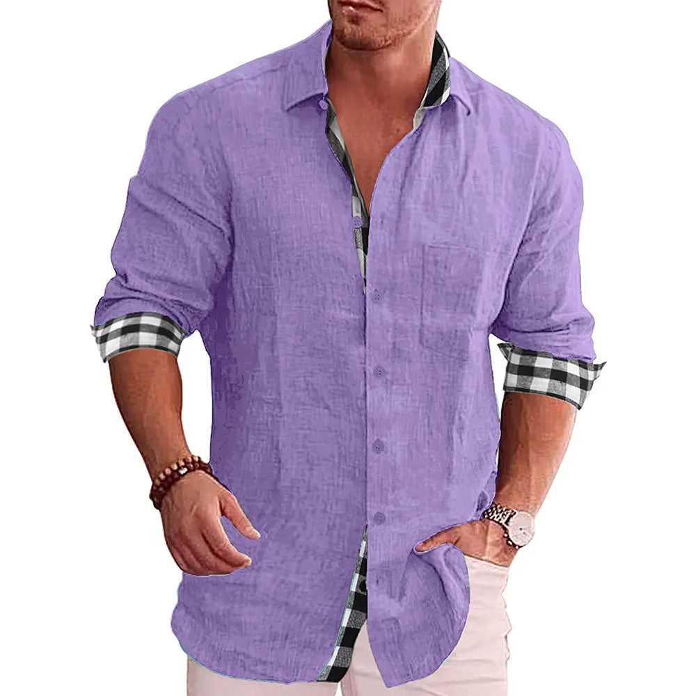 Cotton Linen Plaid Blouse Shirt - Long Sleeve Office Workwear Tops