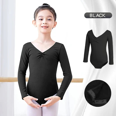 Soft Girls Ballet Leotard – Long Sleeve, Chest-Drawstring, Cotton, For Dance Class