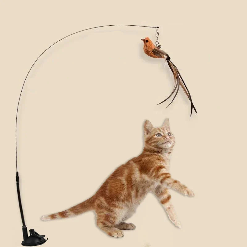 Simulated Bird Cat Toys - Upgraded Feather Teasing Stick, Long Rod with Steel Wire, Cat Safe Fun