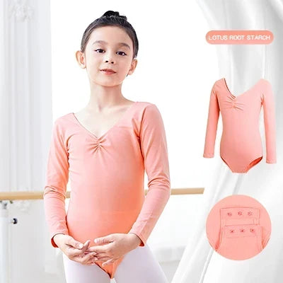 Soft Girls Ballet Leotard – Long Sleeve, Chest-Drawstring, Cotton, For Dance Class