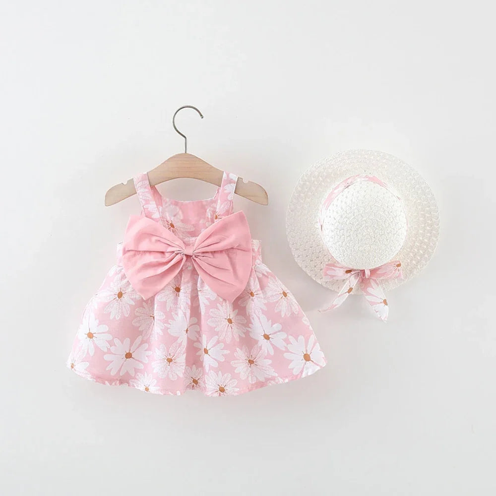 Soft baby girls dress - sleeveless, floral bow-embellished, cotton-polyester blend, for summer outings