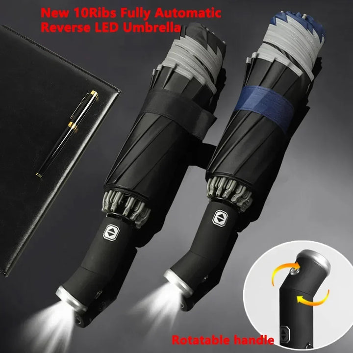 Fully Automatic Folding Waterproof Umbrella with LED Flashlight and UV Sunshade for Rain and Wind Resistance