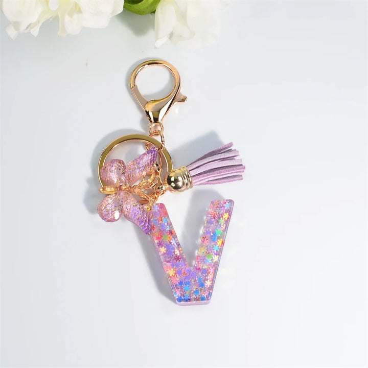 Sequin Letter Keychain With Butterfly Tassel Charm
