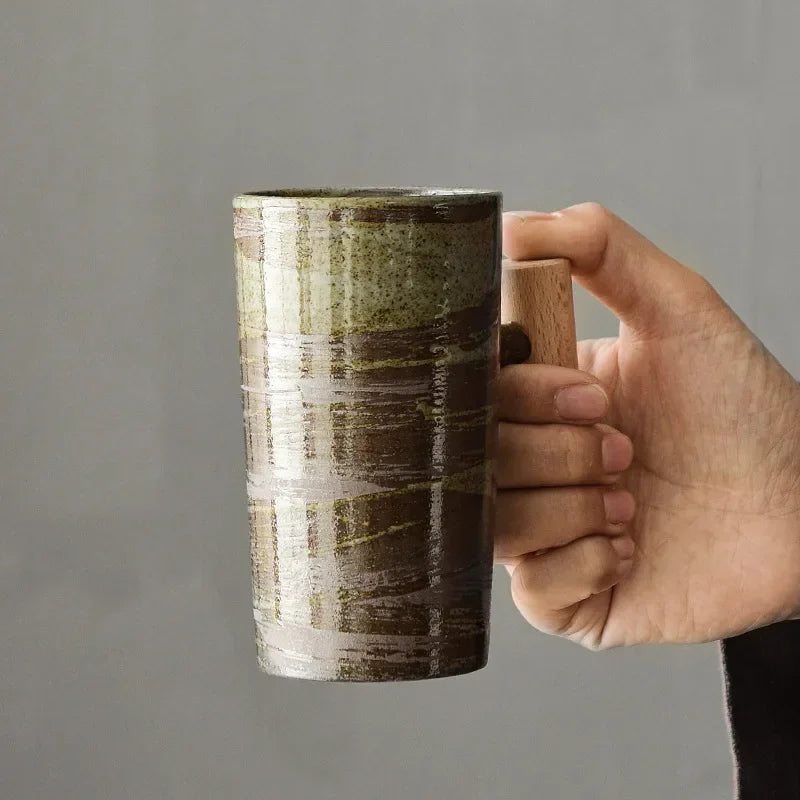 Japanese Style Stoneware Coffee Cup - Handmade Mug with Wooden Handle for Couples