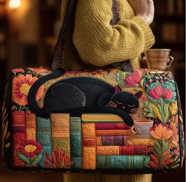 Soft Unisex Travel Tote - Quilted, Cat-Embroidered Fabric, For Beach, Hiking, Camping
