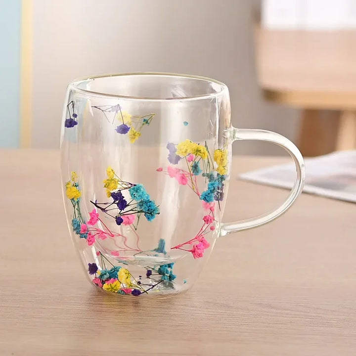 Double Wall Glass Cup with Handle Dried Flower Decorated Ins Style Mug 300ML