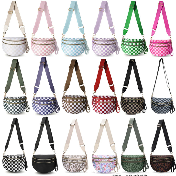 Versatile unisex crossbody bum bag – checkered nylon, box shape, travel and daily use