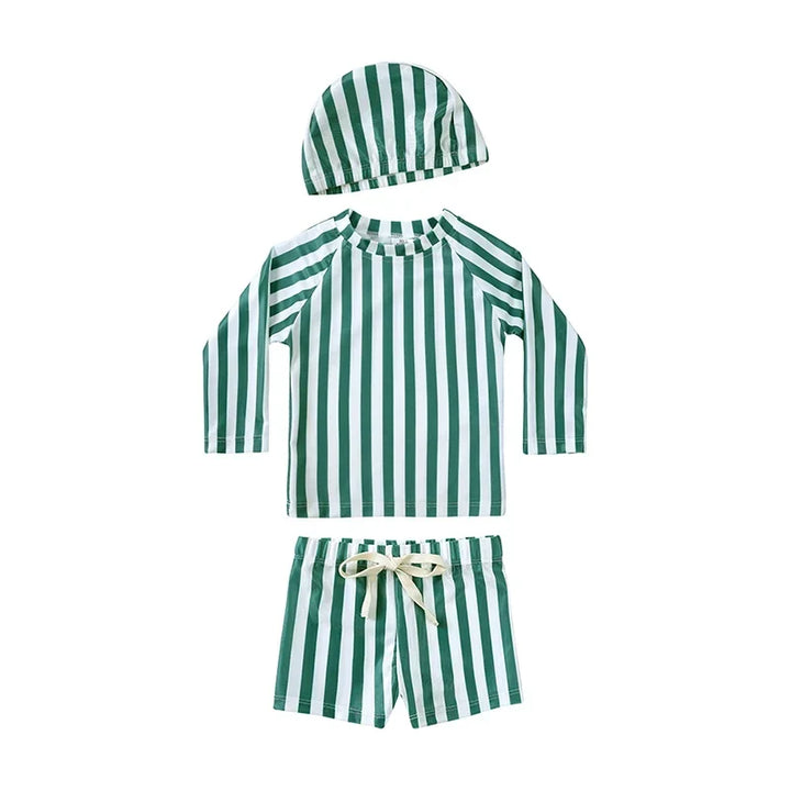 Breathable Kids Rash Guard Swim Set – Long-Sleeve Top, Swim Trousers, Hat, Polyester Elastane, Beach Vacation