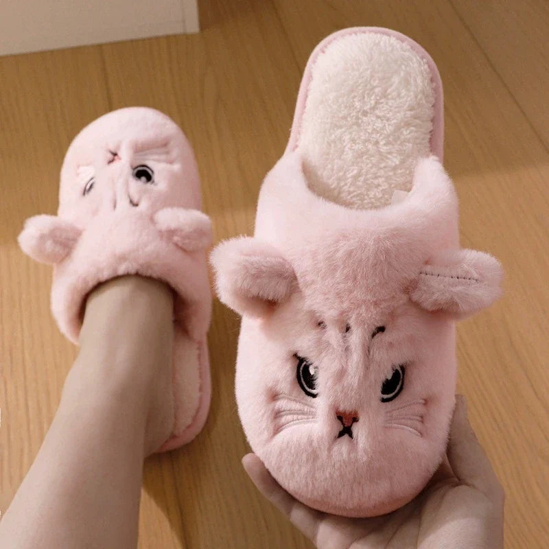 Warm Cozy Women’s Slippers - Cat-face Plush Design, Short Plush Lining, Indoor Use