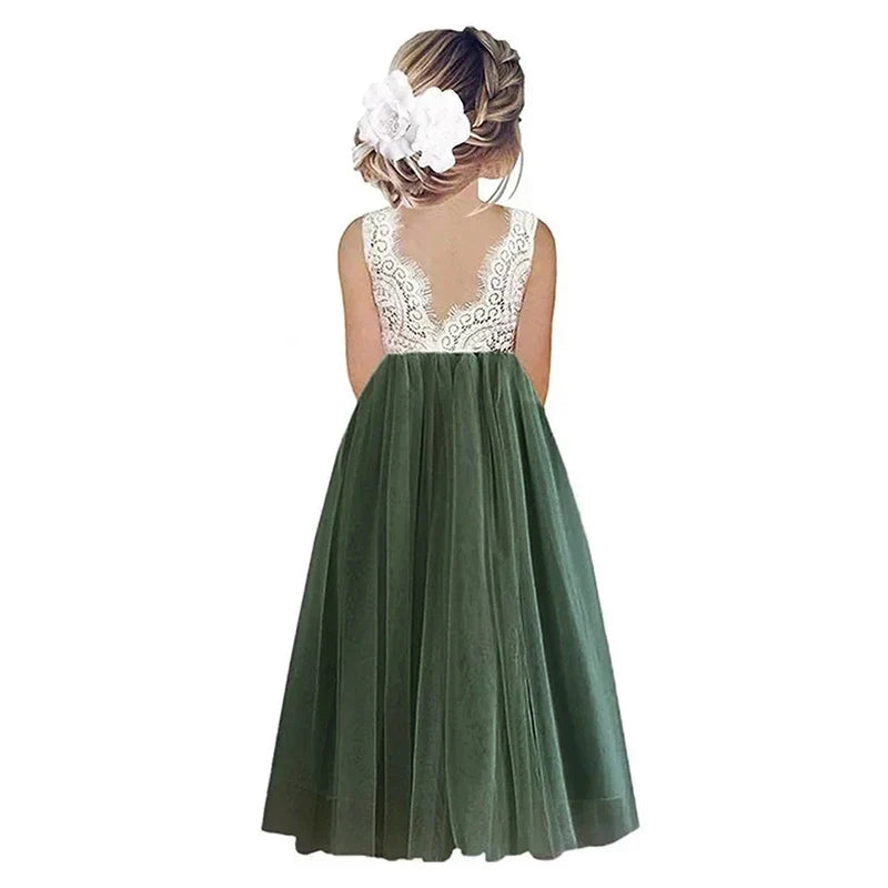Lightweight Girls’ Flower Girl Dress - Lace Bodice, Flowing Tulle Skirt, Polyester, For Wedding
