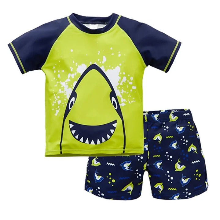 Quick-Dry Boys Swimwear - Two-Piece Cartoon Print Set, Polyester/Nylon/Spandex, Summer Beachwear