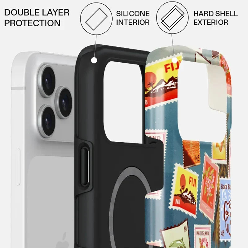 Tropical Ocean Double-Layer iPhone Case - PC TPU Cartoon Design Washable Cover for iPhone 11 to 17