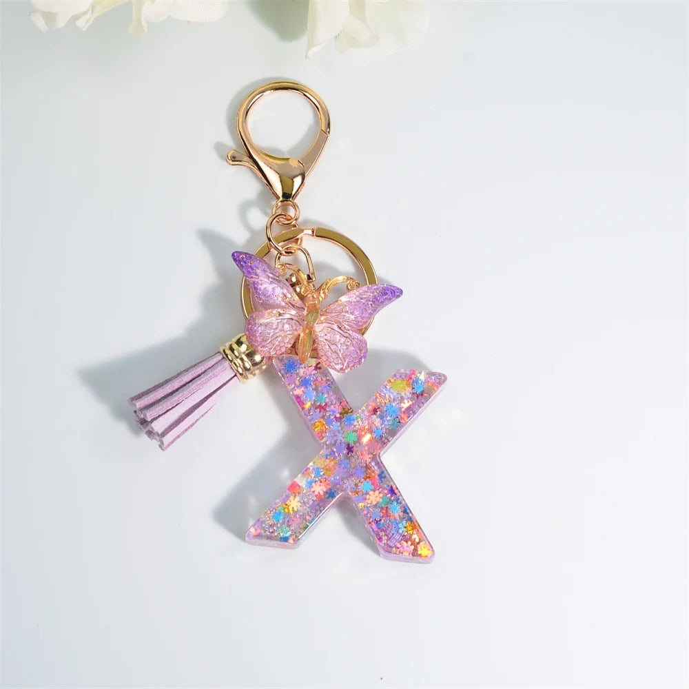 Sequin Letter Keychain With Butterfly Tassel Charm