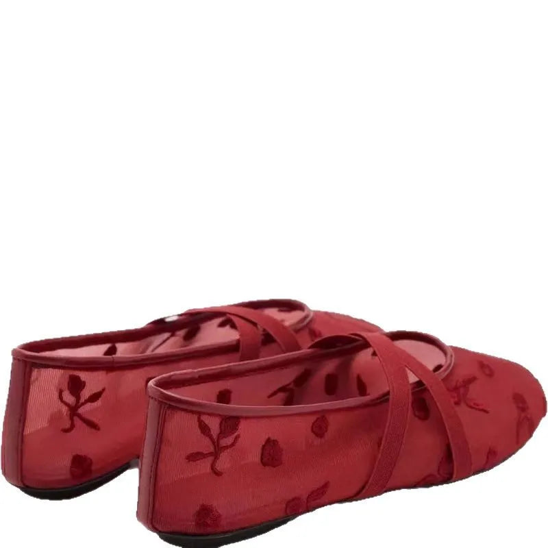 Lightweight Women Ballet Flats - Mary Jane, Embroidered Mesh