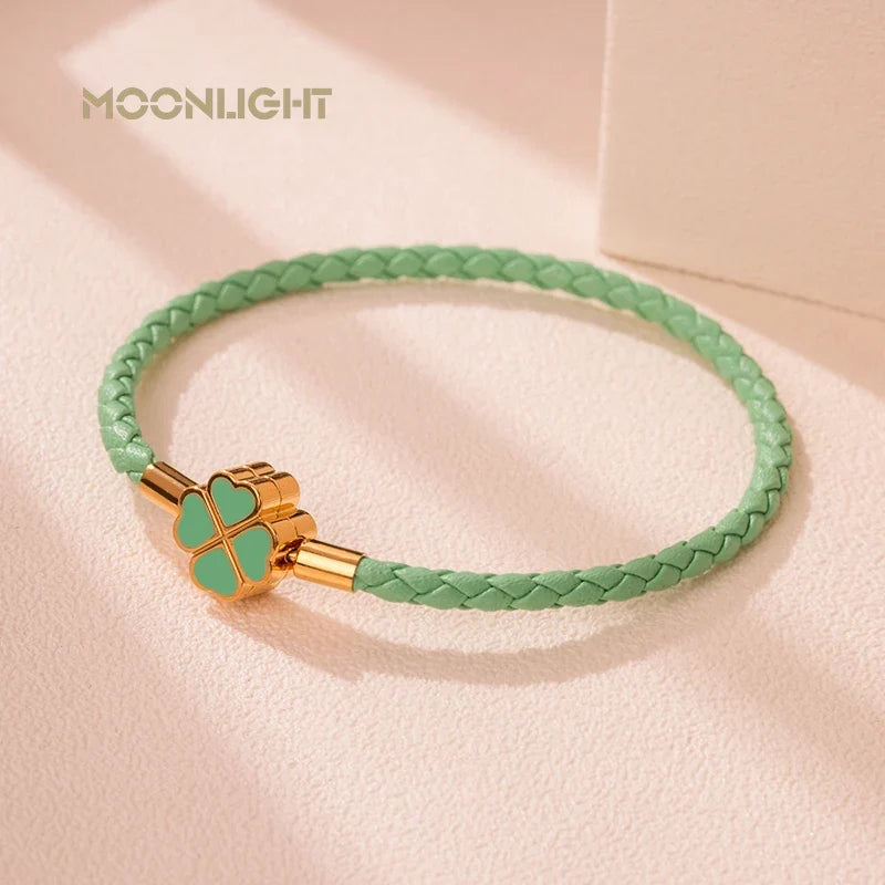 Four Leaf Clover Braided Leather Lucky Bracelet Gift