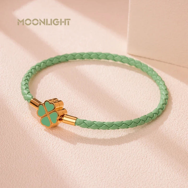 Four Leaf Clover Braided Leather Lucky Bracelet Gift