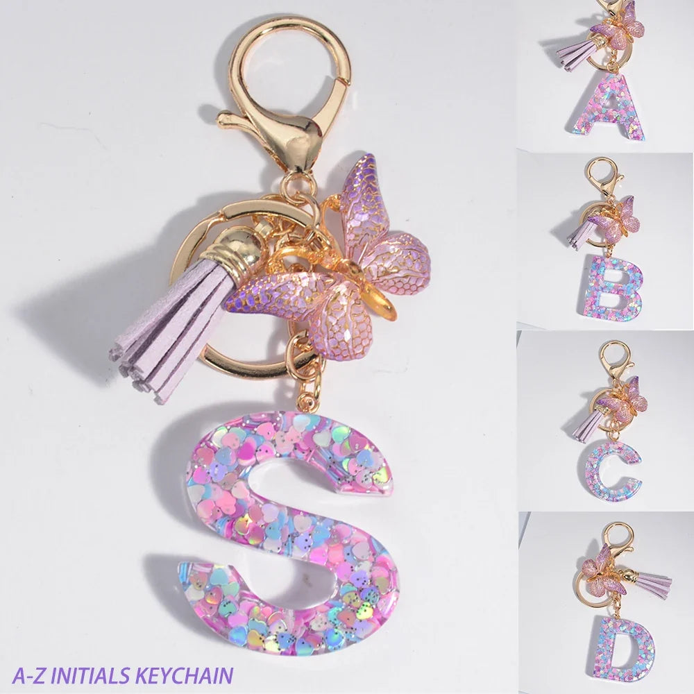 Sequin Letter Keychain With Butterfly Tassel Charm
