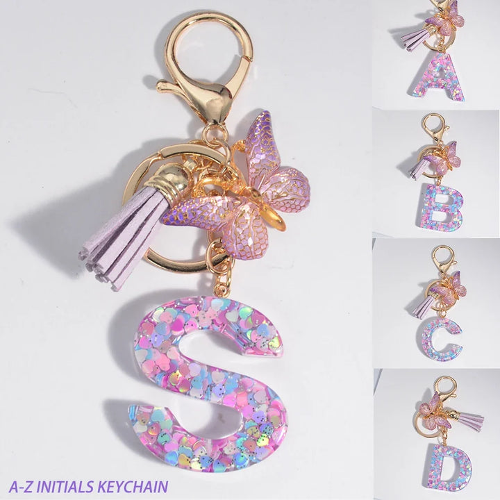 Sequin Letter Keychain With Butterfly Tassel Charm