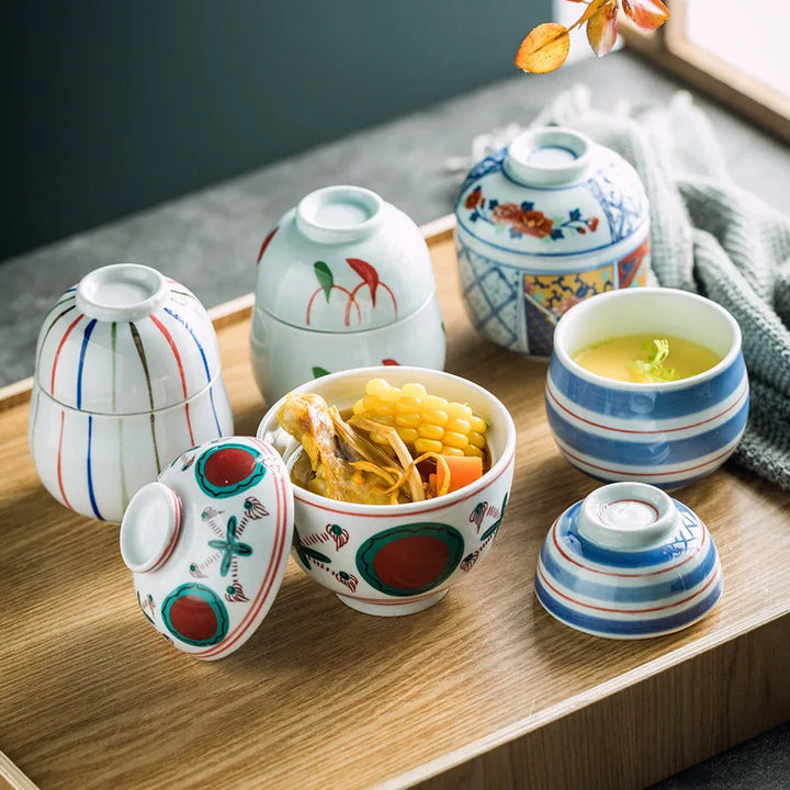 Hand Painted Japanese Ceramic Lidded Dessert Bowls Set