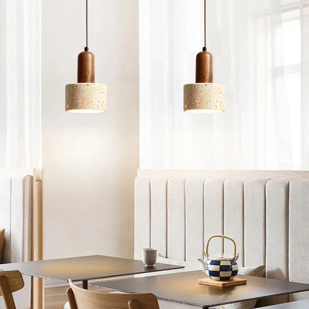 Japandi Japanese Pendant Light Wood And Travertine Bedside Lamp