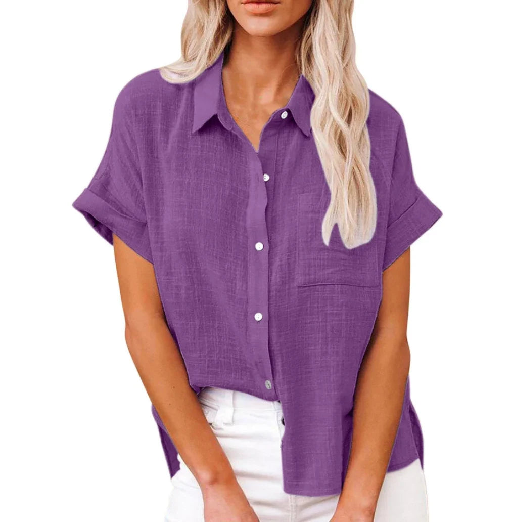 Linen Shirt Short Sleeve Casual Loose Fit Blouse Fresh Sweet Style Polyester Fabric