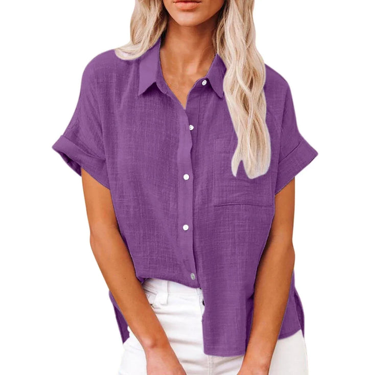 Linen Shirt Short Sleeve Casual Loose Fit Blouse Fresh Sweet Style Polyester Fabric