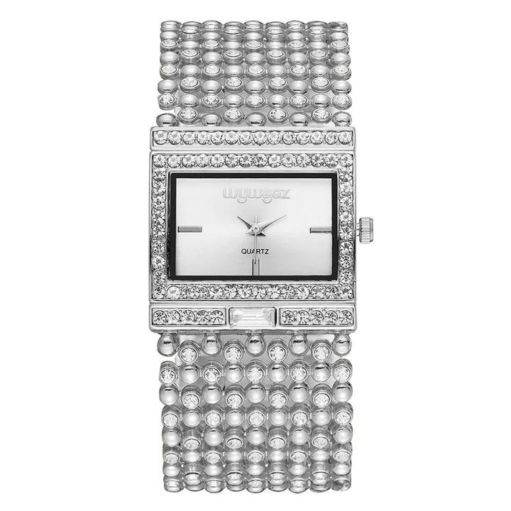 Gold Watch – Diamond Set Square Dial Ladies Quartz Wristwatch, Crystal Band, Fall 2026 Gift Idea
