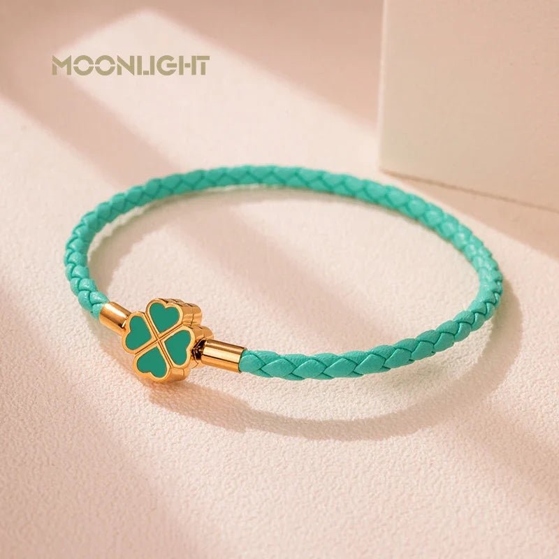 Four Leaf Clover Braided Leather Lucky Bracelet Gift