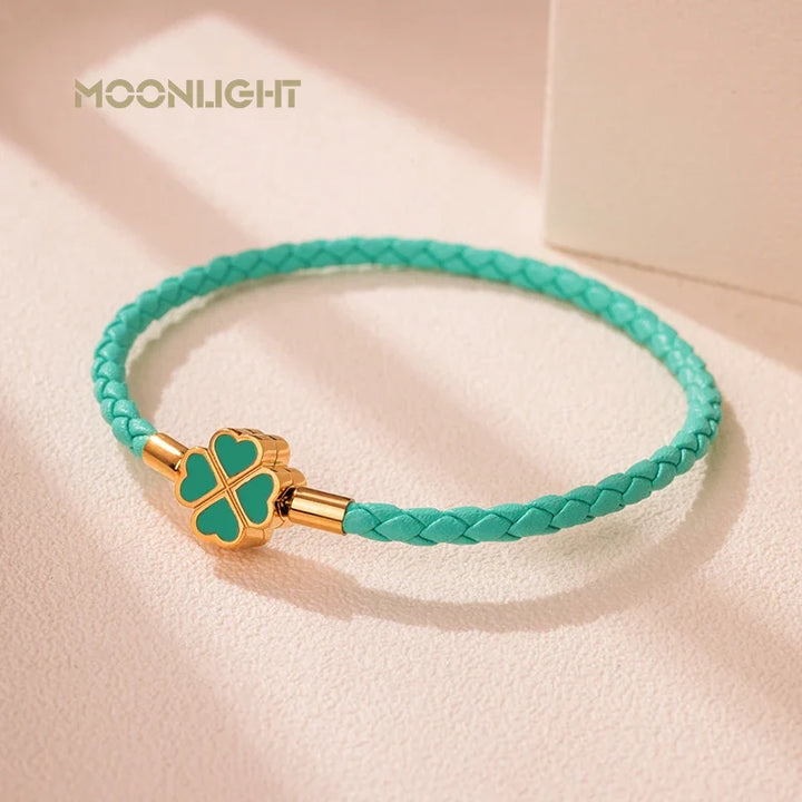 Four Leaf Clover Braided Leather Lucky Bracelet Gift