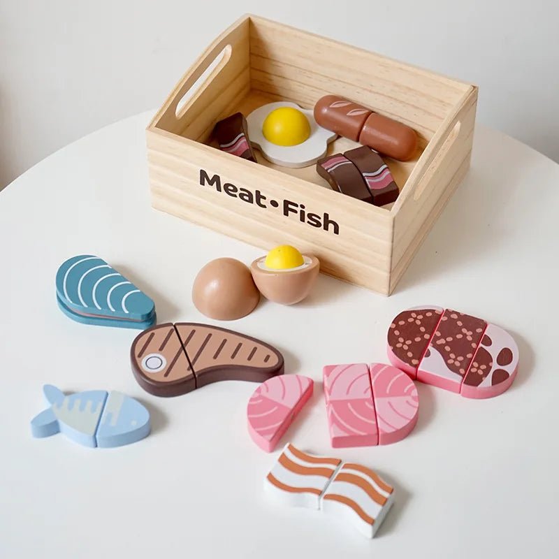 Wooden Kids Kitchen Playset with Cutting Food Accessories - Fruits, Vegetables &amp; Bakery Toys