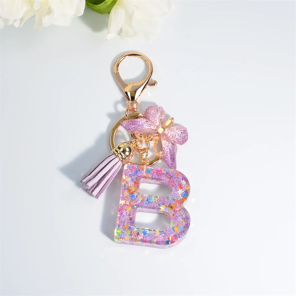 Sequin Letter Keychain With Butterfly Tassel Charm