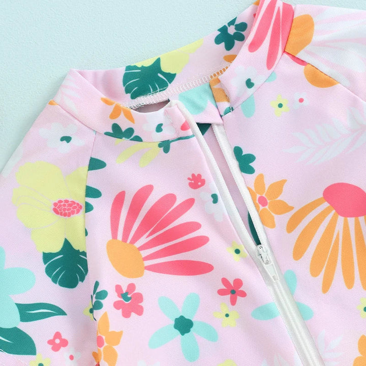 Soft girls’ rash guard romper – zip-front, short sleeve, floral print, polyester, for summer swimwear